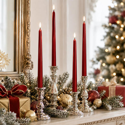 Metal Red Taper Candles Set of 4, 10 Inch Handmade Candle Stick, Unscented Candlesticks, Tapered Candles for Wedding Christmas Dinner Table Home Decor