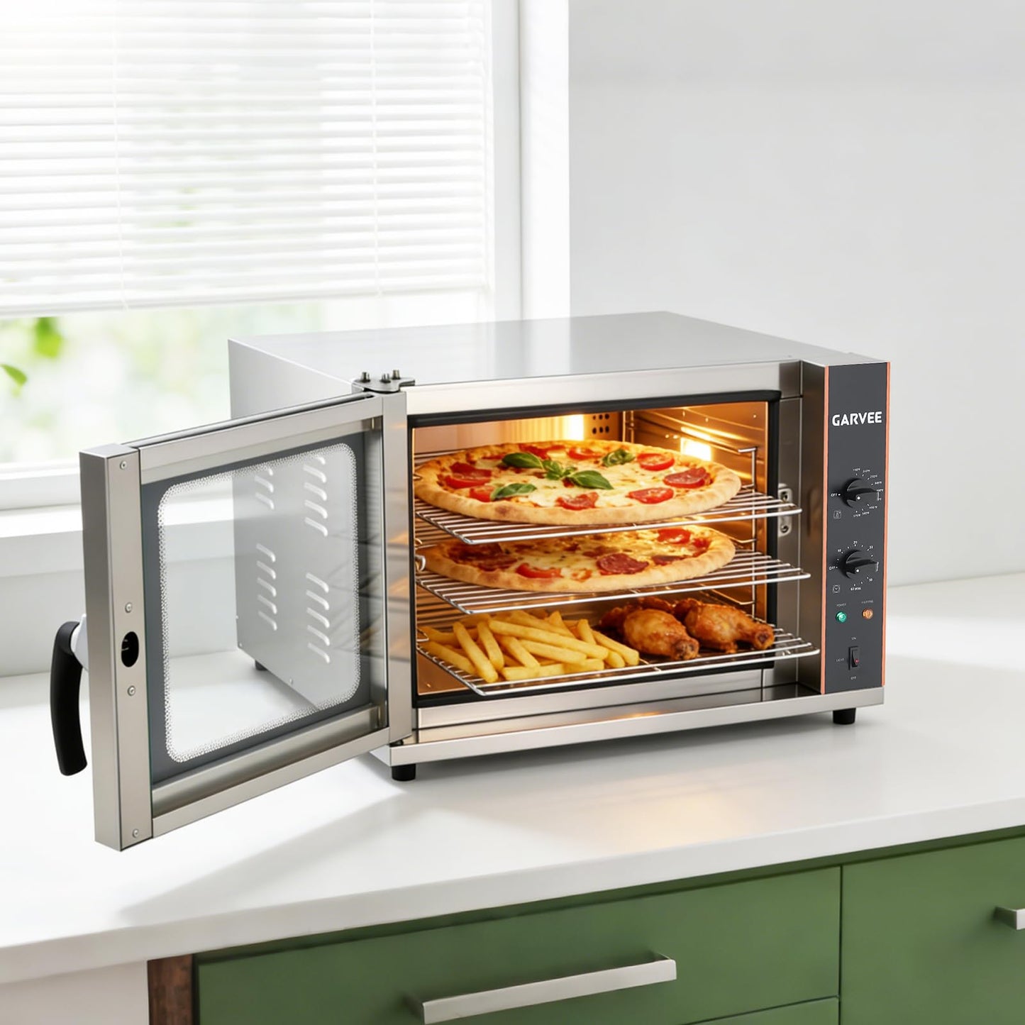 Commercial Countertop Convection Oven, 68L /60Qt 4-Tier Toaster Air Fryer, Stainless Steel Baking Roaster with Front Glass Door, 1440W, 30°c-300°c, Trays, Wire Racks, US Plug, 1.5m Cord, YS-CCO-120