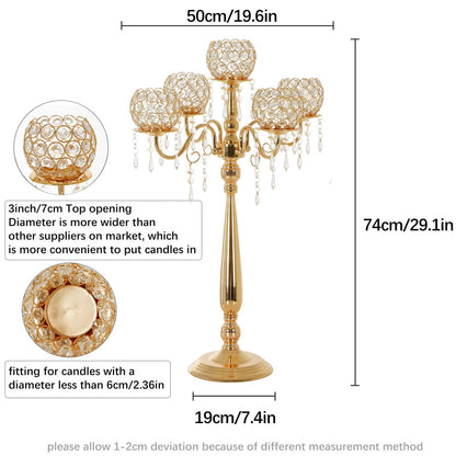 4 Packs 5 Arms Crystal Candelabra for Wedding Centerpiece, Gold Floor Candle Holder Set with Chandelier Crystal Beaded Anniversary Dinner Party Table Decor candelabros de mesa Elegantes Palace Themed