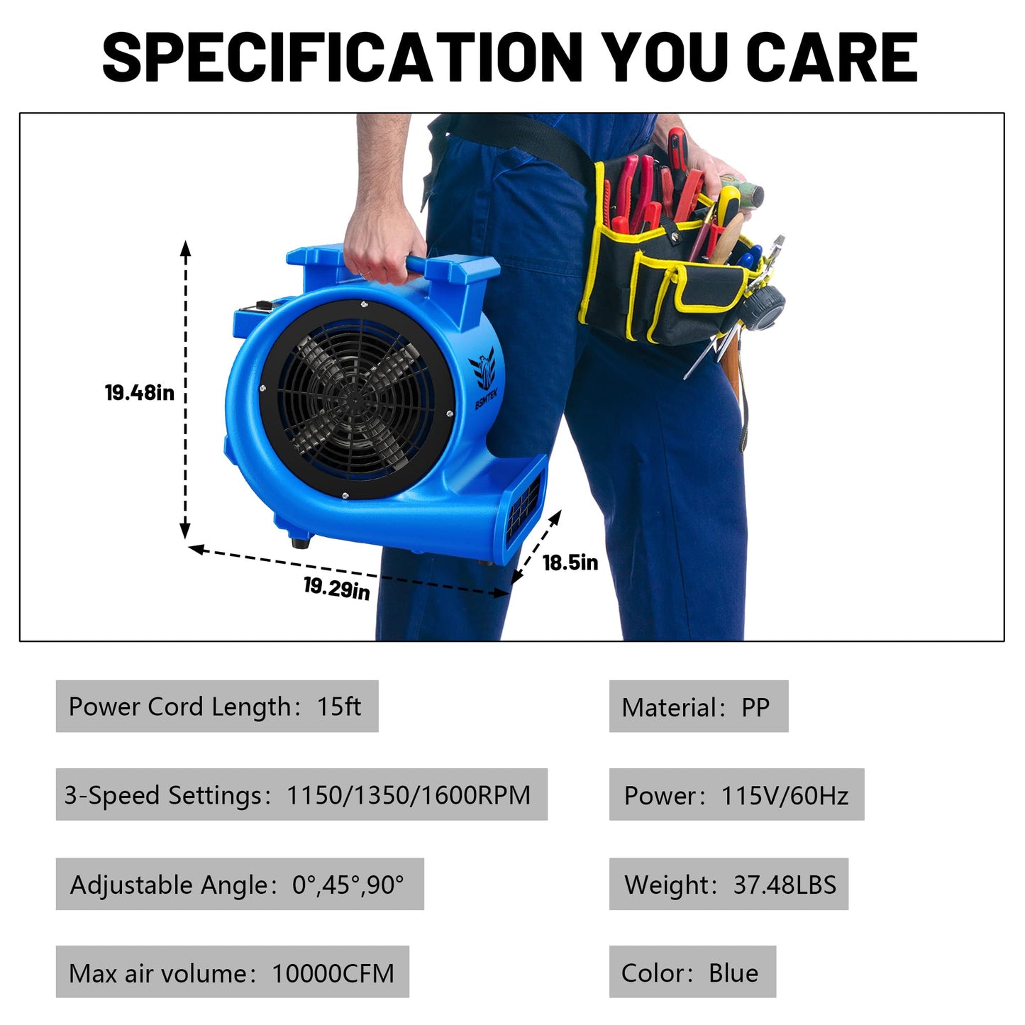 BSMTEK Air Mover Blower Fan, Industrial 1.5HP MAX10000CFM Monster Floor Blower Carpet Dryers - 3 Speeds, 4 Adjustable Angles, 15FT Long Cord, Stackable Blue- 2026 Upgraded