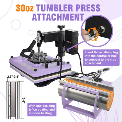 PlanetFlame Heat Press Machine 12x15 Inch, 360° Swing Away 5 in 1 Heat Transfer Machine, Multifunctional Heat Transfer Press Machine with 30OZ Tumbler Attachment for Hat/Plate/T-Shirt/Mug, Purple