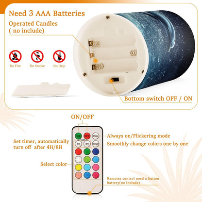 ALAZA Flameless Candles with Remote Timer,Ocean Dolphin Battery Operated Candles Set of 2 LED Tea Lights Flickering Pillar Votive Candles for Indoor Outdoor Decor