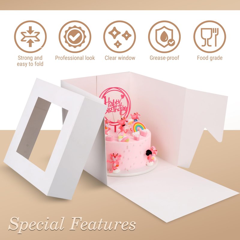 Cakebon Cake Boxes - 8x8x8 Inch 24-Pack Cajas Para Pasteles - Cake Box With Window for Birthdays, Weddings and Parties