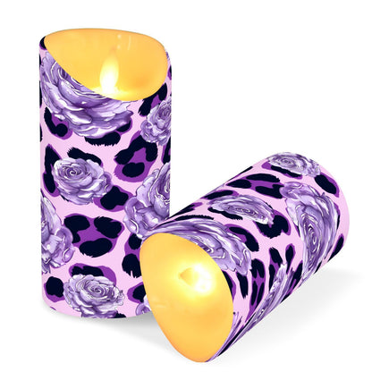 ALAZA Purple Leopard Print Rose Pattern Flickering Flameless Candles Battery Operated with Remote Timer,Tea Light Candles LED Pillar Votive Set of 2 for Outdoor Indoor Decorations 3" x5.9"