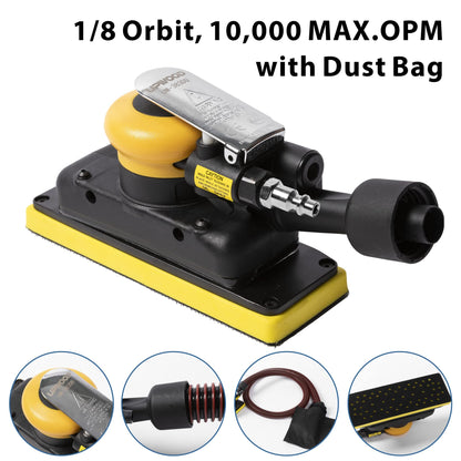 2-3/4" x 8" Dust-free Air Orbital Sander, 70 mm x 198 mm 1/8 in Orbit, 10,000 Max OPM Dust Bag Style with Extra Hook-Loop Pad and 15pcs (80/120/180/320/400) mesh sandpapers