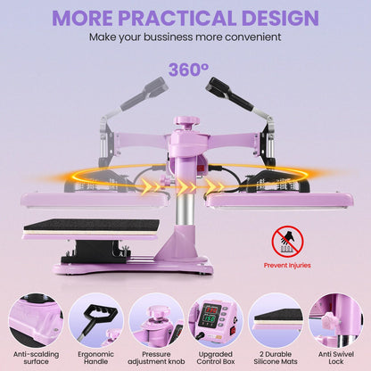 Heat Press Machine for Tshirts, 5 in 1 Heat Transfer Machine, 12" X 15" Heat Printing Press for Sublimation Combo with 360 Degree Rotation Swing Away for T-Shirt Hat Cap Mug Plate, Pink Purple