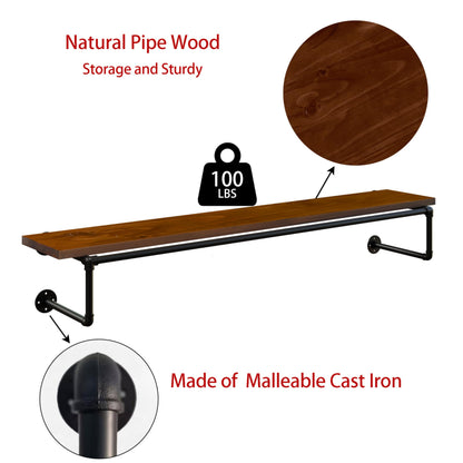 TEDIDUWA Clothes Rack 60in, Wall Mounted Garment Racks with Real Walnut Wood Shelf, Heavy Duty Hanging Clothes Rack, Multi-Purpose Hanging Rod, Space-Saving Closet Storage