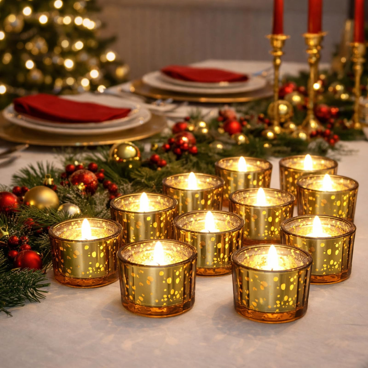 Mumufy 50 Pcs Glass Tealight Candle Holder Ribbed Votive Candle Holder for Centerpiece Wedding Proposal Spa Aromatherapy Meditation Home Decor (Gold)