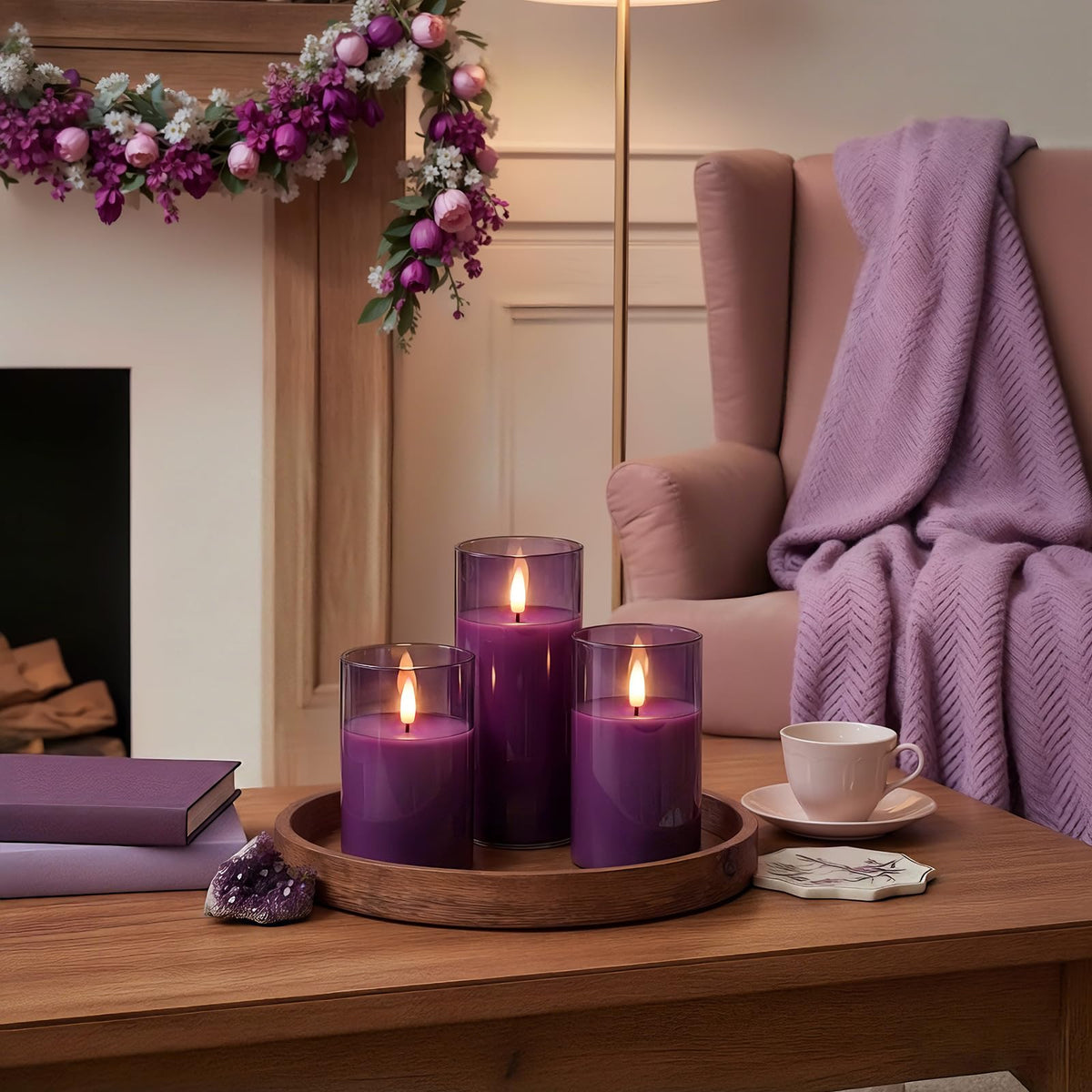 Homemory Purple Glass Flameless Candles, Battery Operated LED Pillar Candles with Remote Control and Timer, Radiance Candles, Real Wax, Set of 3,D3 xH4 5" 6"