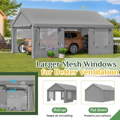 EROMMY 13x20FT Heavy Duty Carport, Portable Garage Shelter with Roll-Up Windows, Removable Sidewalls and Doors, Outdoor Storage Canopy for Car, Truck, Boat, RV, Trailer, Outdoor Gray and Inner White