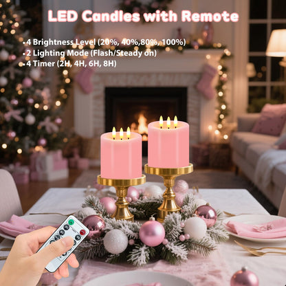 Large 3 Wick Flameless Candles Set of 2, 4"x4" Flickering Flameless Candles with Remote & Timer, Dimmable Real Wax LED Candles Battery Operated, Pink Pillar Candles for Wedding Valentine's Day Decor