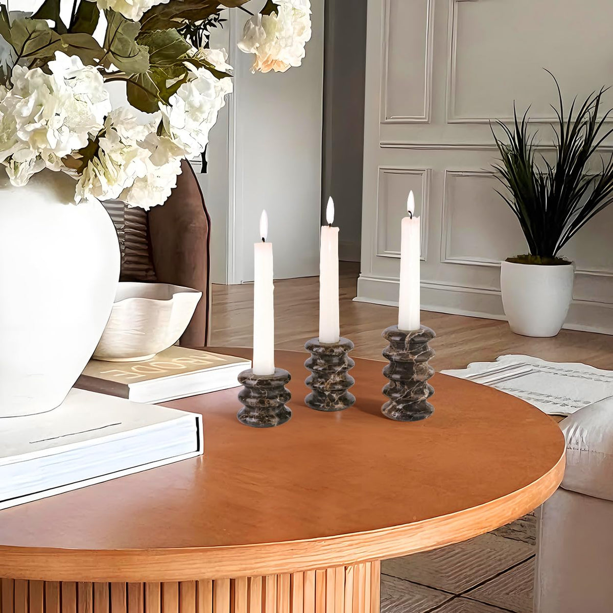 Vixdonos Marble Candle Holder Set of 3 Taper Candle Candlestick Mantle Candle Stand for Home Decor,Wedding,Party and Table Centerpieces(Brown)