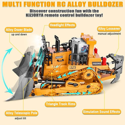 Remote Controlled Bulldozer 9-Channel Metal RC Construction Vehicle Toy with Lights Sound and Rechargeable Battery Remote Controlled Bulldozer Toy Gift for Kids Boys Girls Aged 4-12 (2.4 GHz)