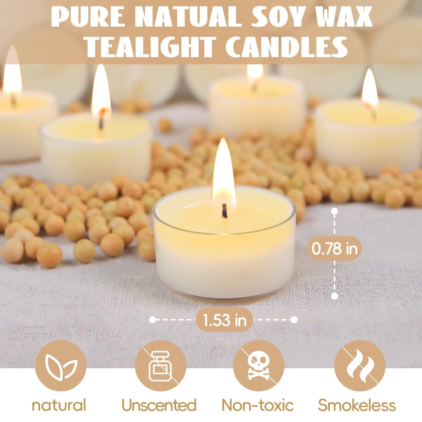 Soy Tealight Candles 50 Pack, 6 Hours Long Burning Tealights Candles Bulk, Natural Soy Wax Tea Light Candle Paraffin-Free, Unscented Small Tea Candle for Emergency,Dinner