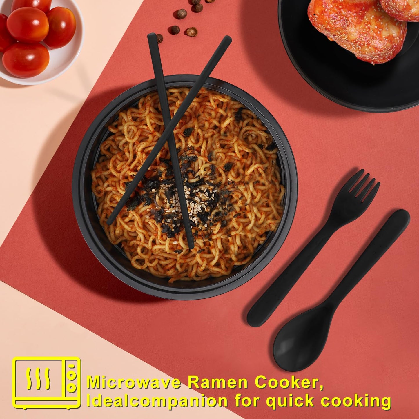 Ramen Bowl Set, Ramen Cooker 33 oz, Ramen Bowls with Chopsticks and Spoon, Microwave Pasta Cooker, College Dorm Essentials for Girls Guys (Black)
