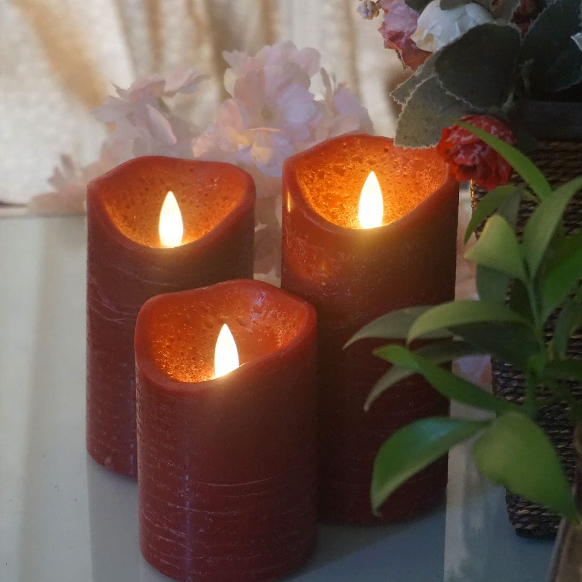 CANDLE CHOICE Real Wax Battery Operated Flameless Candles with Remote Automatic Daily Cycle Timer Realistic Flickering Electric LED Pillars Wedding Party Holiday Decorations 3 Pack Rustic Texture Red
