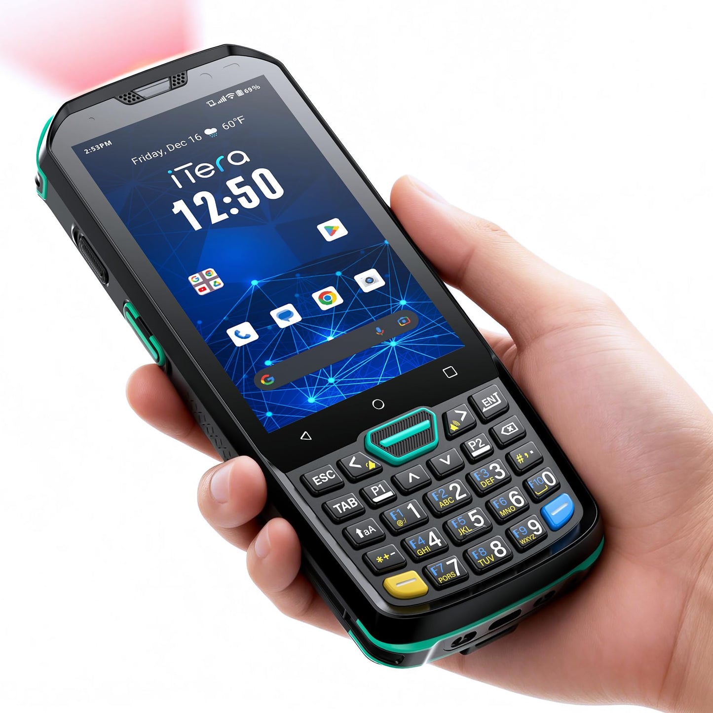 iTera Android 13 Barcode Scanner PDA: HS7 Scan Engine 26-Key Keypad 4" Touch Screen MTK 2.0GHz CPU IP67 Rugged 5100mAh Battery for Warehouse Logistics Industrial Use P400