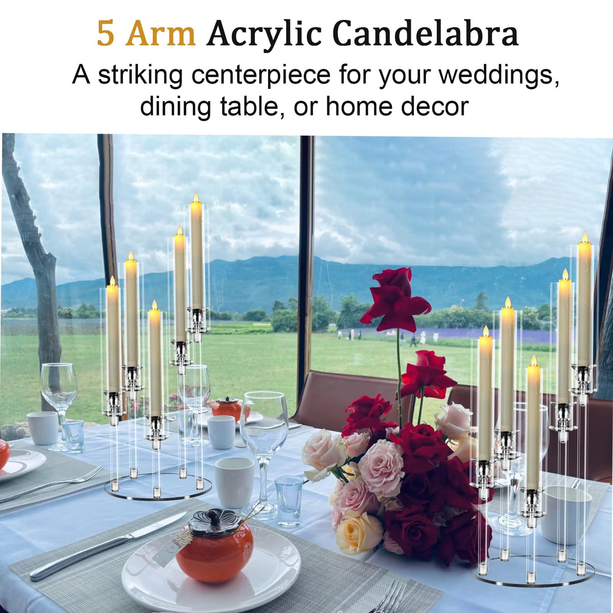 Cheloment 4 Sets 5 Arms Acrylic Candelabra Centerpieces for Tables, 22.8" Clear Candle Holder for Wedding Dinner Party and Home Decor,Candlesticks Holder with LED Candles