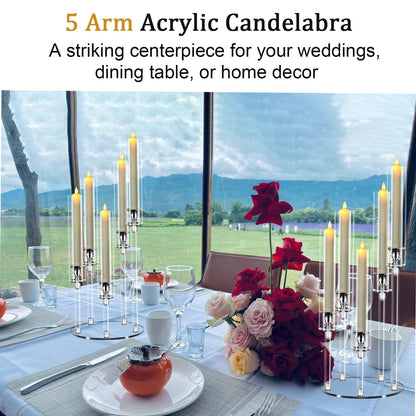 Cheloment 6 Sets 5 Arms Acrylic Candelabra Centerpieces for Tables, 23" Clear Candle Holder for Wedding Dinner Party and Home Decor,Candlesticks Holder with LED Candles