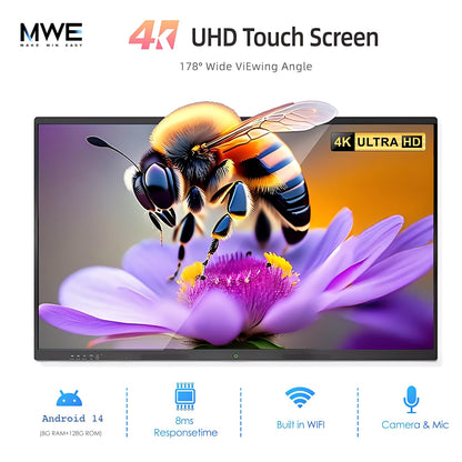 QIXZOCV 75" Smart Board for Business, Interactive Whiteboard with Multi-Touch, 4K Electronic Board with Screen Sharing, Bluetooth/WiFi/HDMI, Camera & Mic, Android 14, 8+128G (Wall Mount Included)
