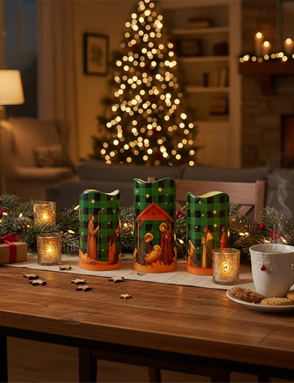 Glflickerow 3Pcs Christmas Green and Black Nativity Scene Flameless Candles LED Pillar Jesus Religion Candle Battery Operated with Timer for Xmas Christian Holiday Table Home Decor Church Party