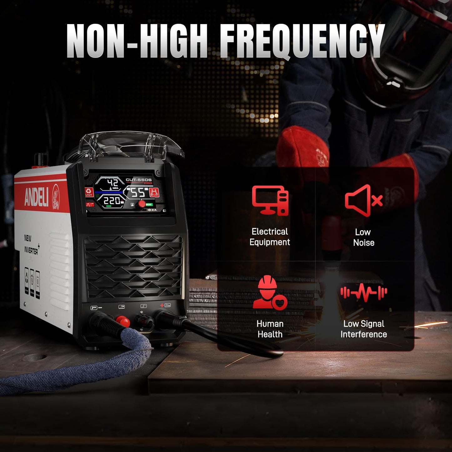 ANDELI Plasma Cutter 55A,Non-HF Non-Touch Pilot Arc，1'' Max Cut, 4-in-1 Plate Cutting/Grid Cutting/Gouging/Marking，Upgraded LED Display,Post Flow/2T/4T,110/220V IGBT Inverter for Home, Workshop