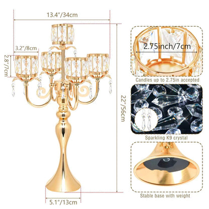 2 Pcs Kehail Gold 5 Arm Pendant Square Crystal Table Decor 22 inch Candle Holder, Classic and Elegant Table Centerpiece Atmosphere Candle Holders for Gift Wedding Party Home Decor
