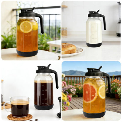 64 oz Glass Mason Jar Pitcher with Lid, Handle & Non-Slip Silicone Base, Food-Grade Leakproof & Airtight – 2-Quart Iced Tea Pitcher for Fridge, Breast Milk Storage, Sun Tea & Cold Brew (Black)