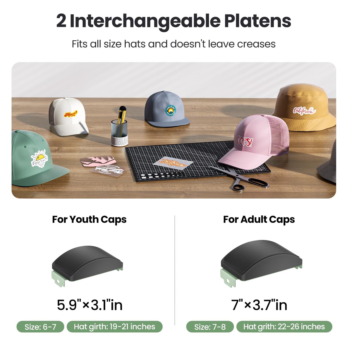 Hat Press Heat Machine for Caps with 2 Platens, Precise Temp&Timer Control, Hat Heat Press with Timer Auto Starter, Sublimation Hat Press for Trucker Hat & Iron on Vinyl, Heat Transfer (Light Green)