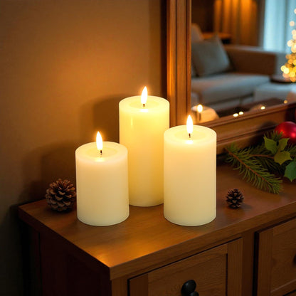 JHY DESIGN Flickering Flameless Candles Battery Operated with 10-Key Remote & 2/4/6/8-Hour Timer, Real Wax Pillar Grease Effect LED Candles Set for Chrismas/Home Decorations(Ivory)
