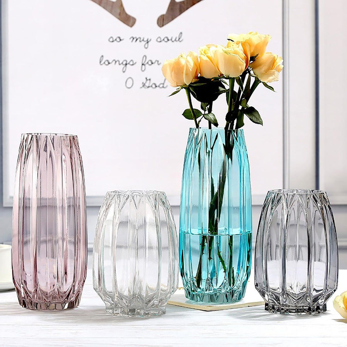 Lucky Bird Modern Ribbed Blue Glass Vase for Flowers, Candles, and Decorative Accents - Tall/Short for Centerpieces and Table Decor (12.0inch)