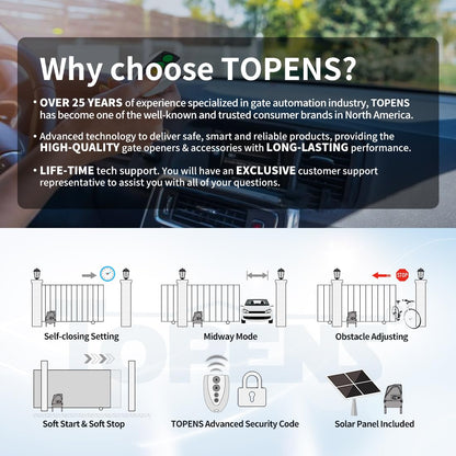 TOPENS DKC1100S Solar Sliding Gate Opener Chain Drive Automatic Gate Motor for Heavy Driveway Slide Gates Up to 2600 Pounds, Electric Gate Operator Battery Powered with Solar Panel Remote Control Kit