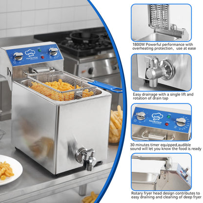 TOPKITCH 8.5Qt Electric Fryer with Oil Drain,30 Minutes Timer,Stretch forming oil tank,Lid and Solid Wire Mesh Basket,Medium Duty Commercial Electric Countertop Deep Fryers-120V,1800W