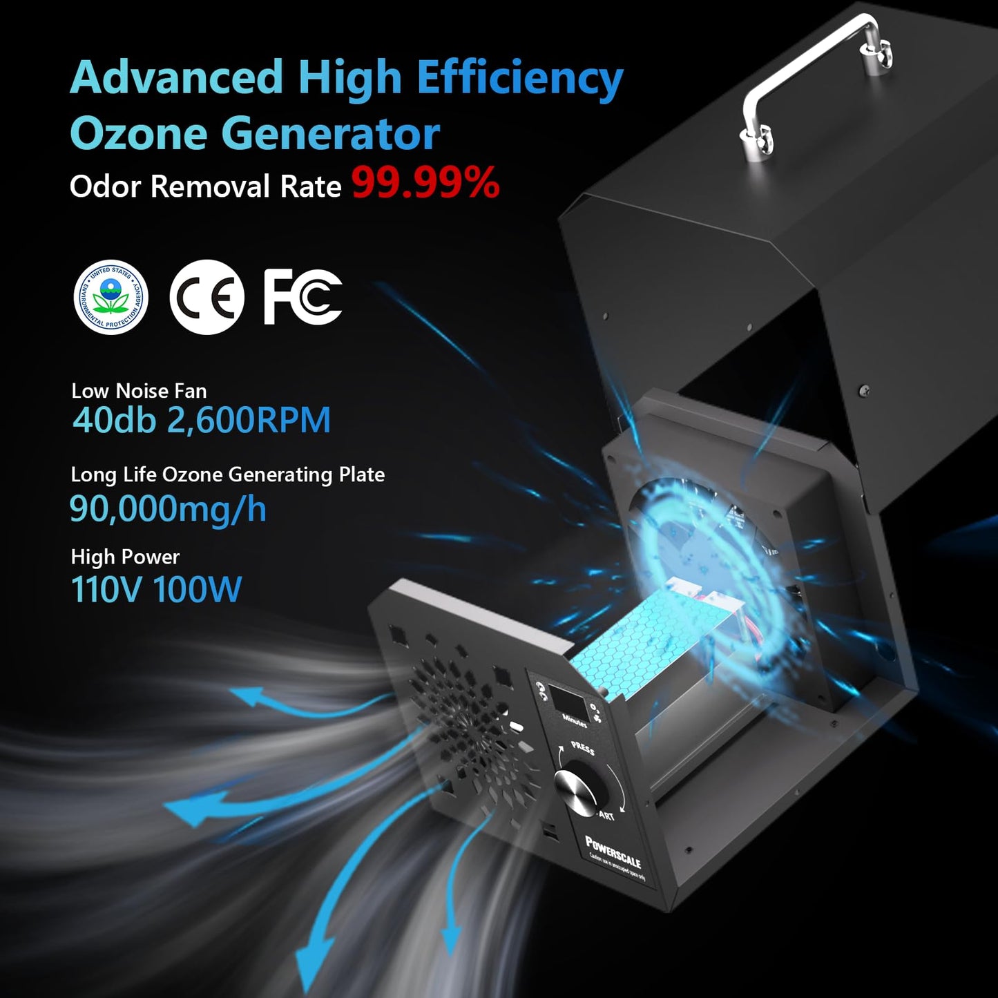 PowerScale Ozone Generator 90,000mg/h O3 Intelligent Control Ozone Odor Eliminator Commercial Ozone Machine Odor Removal, For Home, Car, Pet Room - High Capacity Ionizer Ozone Air Purifier, Black