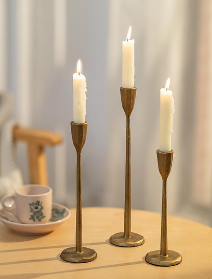 Romadedi Gold Candlestick Candle Holder - Cast Iron Taper Candle Stick Holders Brass Antique Decor Tapered for Wedding Dining Table Christmas Mantel Home Decoration Set of 3