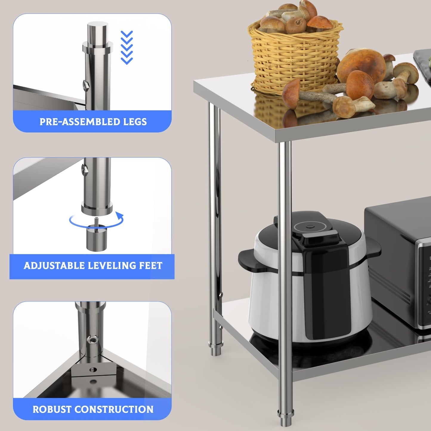 Garvee Stainless Steel Table, 60" x 24" NSF 2 Tier Prep Table with Adjustable Foot & Under Shelf, Heavy Duty Commercial Worktable for Restaurant, Home, Kitchen, Indoor, Outdoor