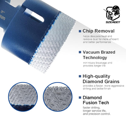 Diamond Tile Hole Saw Kit 9-Piece - SZEAGET Diamond Drill Bits (6/8/10/20/25/35/50/65mm Sizes) + 38mm Diamond Beveling Chamfer Bit for Marble, Granite, Ceramic Tile,10X Longer Life