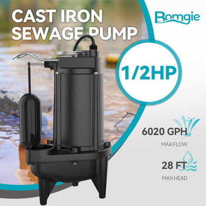 BOMGIE 1/2 HP Sewage Pump, Cast Iron Effluent Pump, Automatic Float Switch, Sewage Sump Pump for Sump Basin, Basement, Residential Sewage, 2'' NPT Discharge, Dark