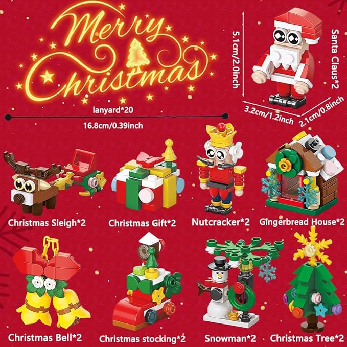 JOICEE Christmas Ornaments Building Blocks 18 Pack Xmas Tree Ornaments Building Sets with Strings Hanging Decoration Toys for Kids Holiday Party Favors Gifts Stocking Stuffers