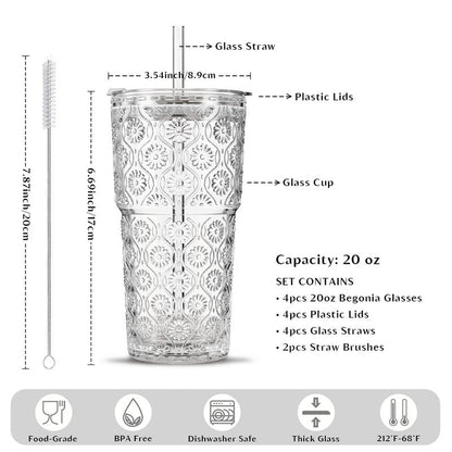INSETLAN 20oz Begonia Flower Glass Tumbler Set of 4 – Thickened Glass Cups with Lids and Glass Straws for Iced Coffee, Smoothies, Milk, Water, and More – Elegant& Durable Drinkware
