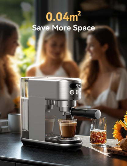 Neretva Espresso Machine 20 Bar, Super Compact Espresso Maker Stainless Steel Professional Coffee Machine Espresso with Power Steam & LED Display for Home Barista Latte and Cappuccino Maker-Silver