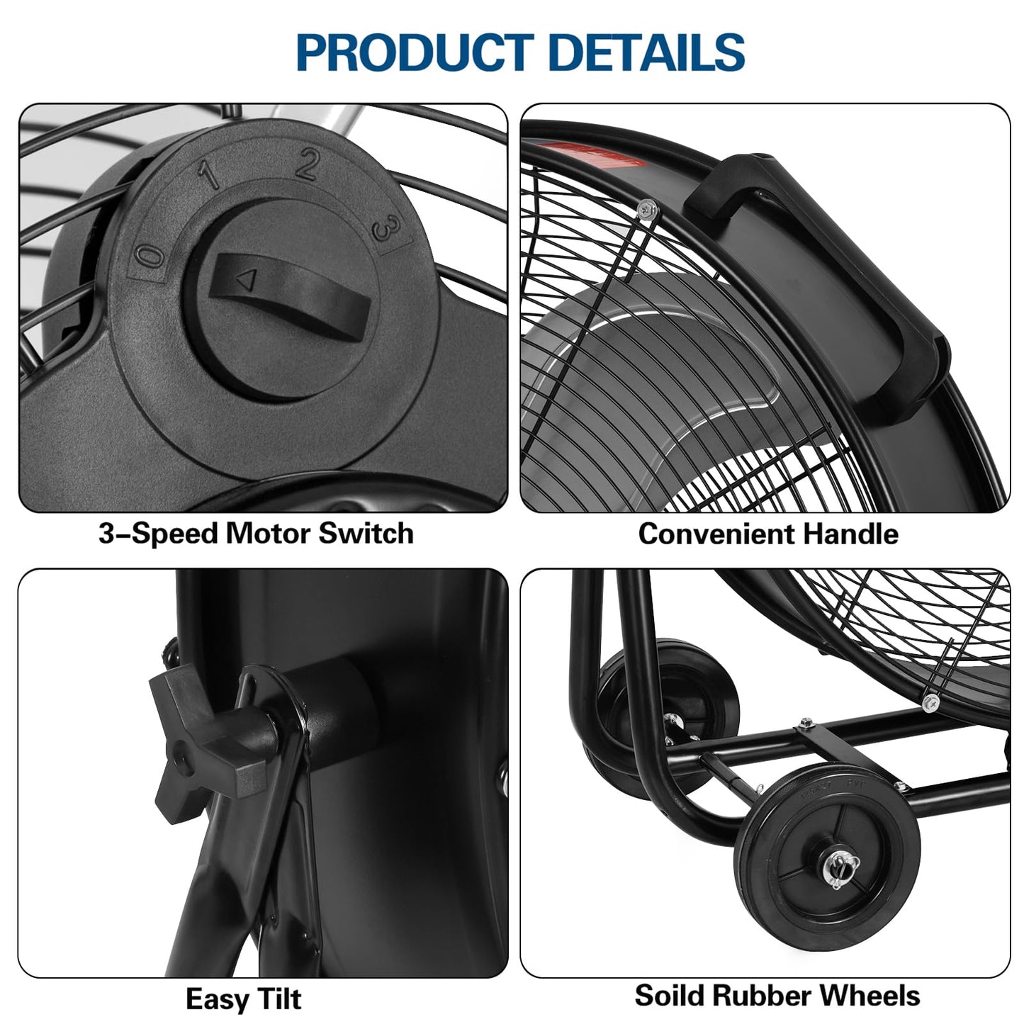 BILT HARD 24" 8100 CFM High Velocity Industrial Drum Fan, 3 Speed Heavy Duty Tilt Metal Shop Fan, Ideal for Garage, Warehouse Factory and Commercial Use, Black
