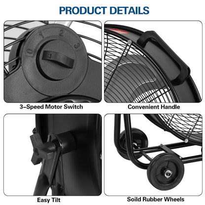 BILT HARD 24" 8100 CFM High Velocity Industrial Drum Fan, 3 Speed Heavy Duty Tilt Metal Shop Fan, Ideal for Garage, Warehouse Factory and Commercial Use, Black