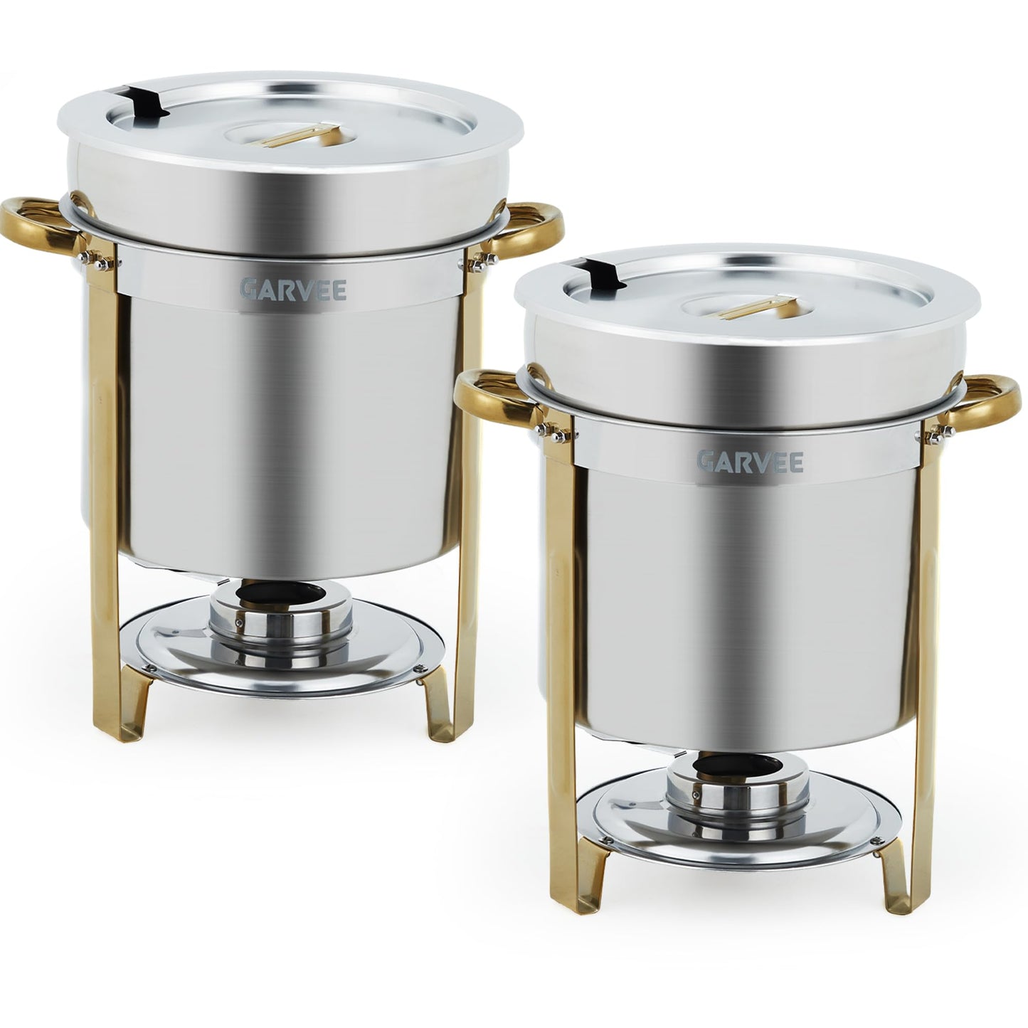 7QT Commercial Soup Warmer, 2 Pack Stainless Steel Round Soup Chafer with Pot, Notched Lids & Fuel Holders, Food Warmer for Buffets Parties Wedding Banquets Catering, Gold
