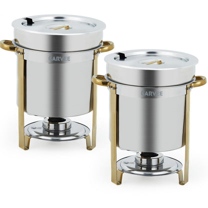 7QT Commercial Soup Warmer, 2 Pack Stainless Steel Round Soup Chafer with Pot, Notched Lids & Fuel Holders, Food Warmer for Buffets Parties Wedding Banquets Catering, Gold