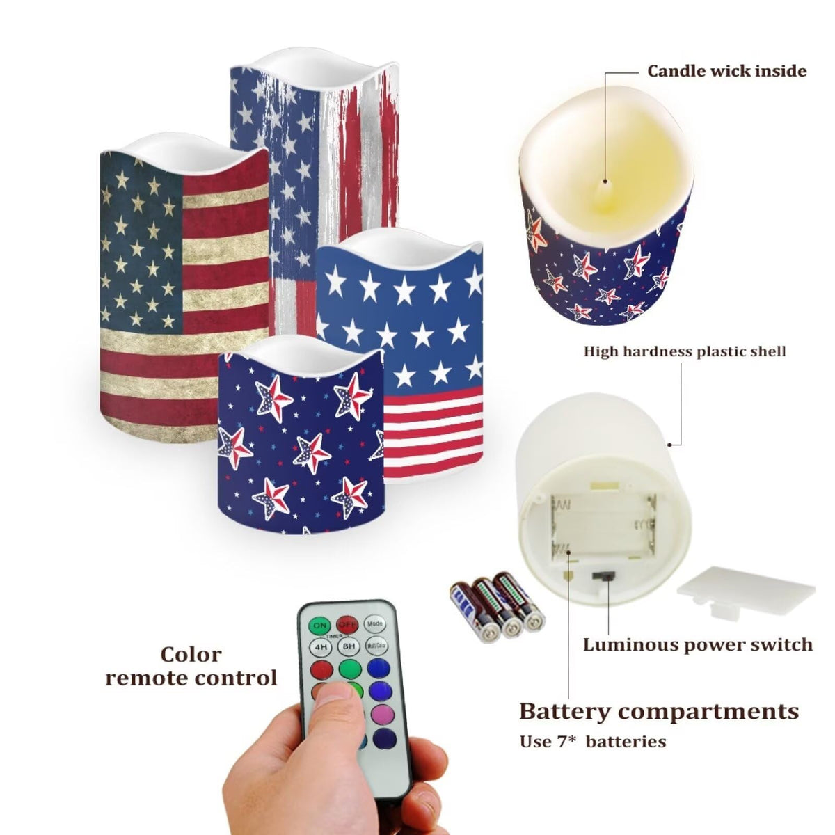 Ystardream 4 Pcs Independence Day Flameless Projector Candle with Remote Timer-American Flag Patriotic Projector Light LED Candles Battery Operated for 4th of July Home Indoor Holiday Party Decoration