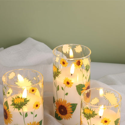 Eywamage Sunflower Glass Flameless Candles with Remote, Flickering Battery LED Pillar Candles Spring Home Table Decor Set of 3
