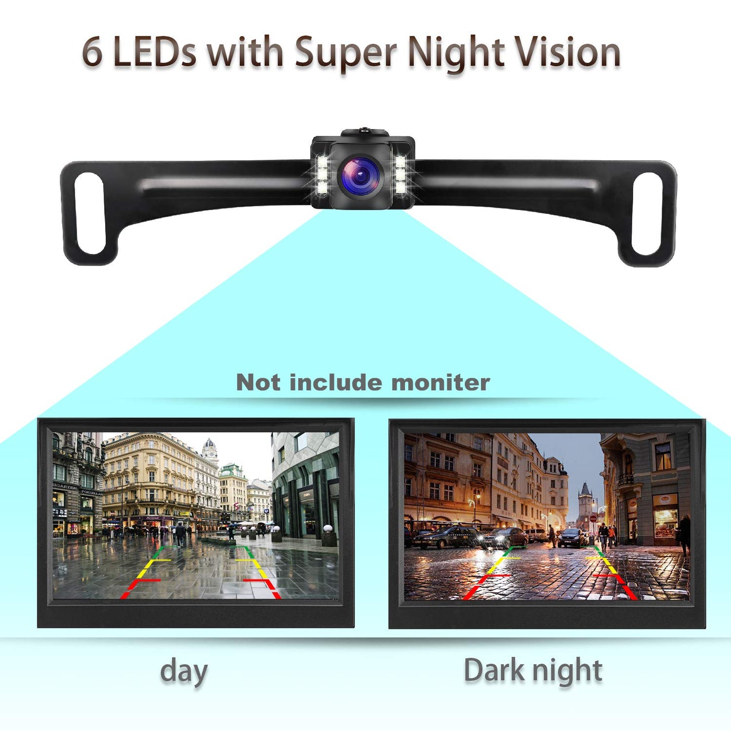 GLK Car Backup Camera HD Rear View Camera License Plate Backup Camera with Wide View Angle 6 LED Night Vision Waterproof Front & Back up Camera, Guide Line On/Off