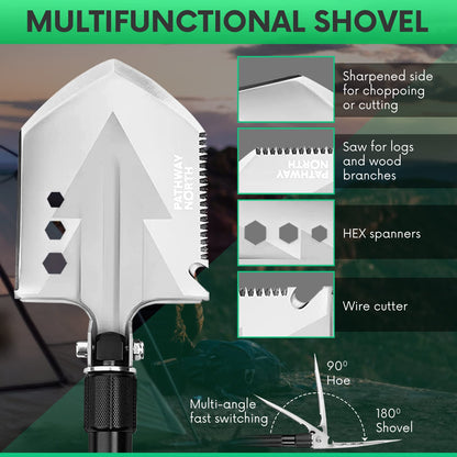 Pathway North Survival Shovel Stainless Steel Folding Multi-Tool Survival Flashlight – Equipment for Outdoor With Self Defense Hiking Stick Hunting Emergency Survival Kit For Backpacking, Camping Gear