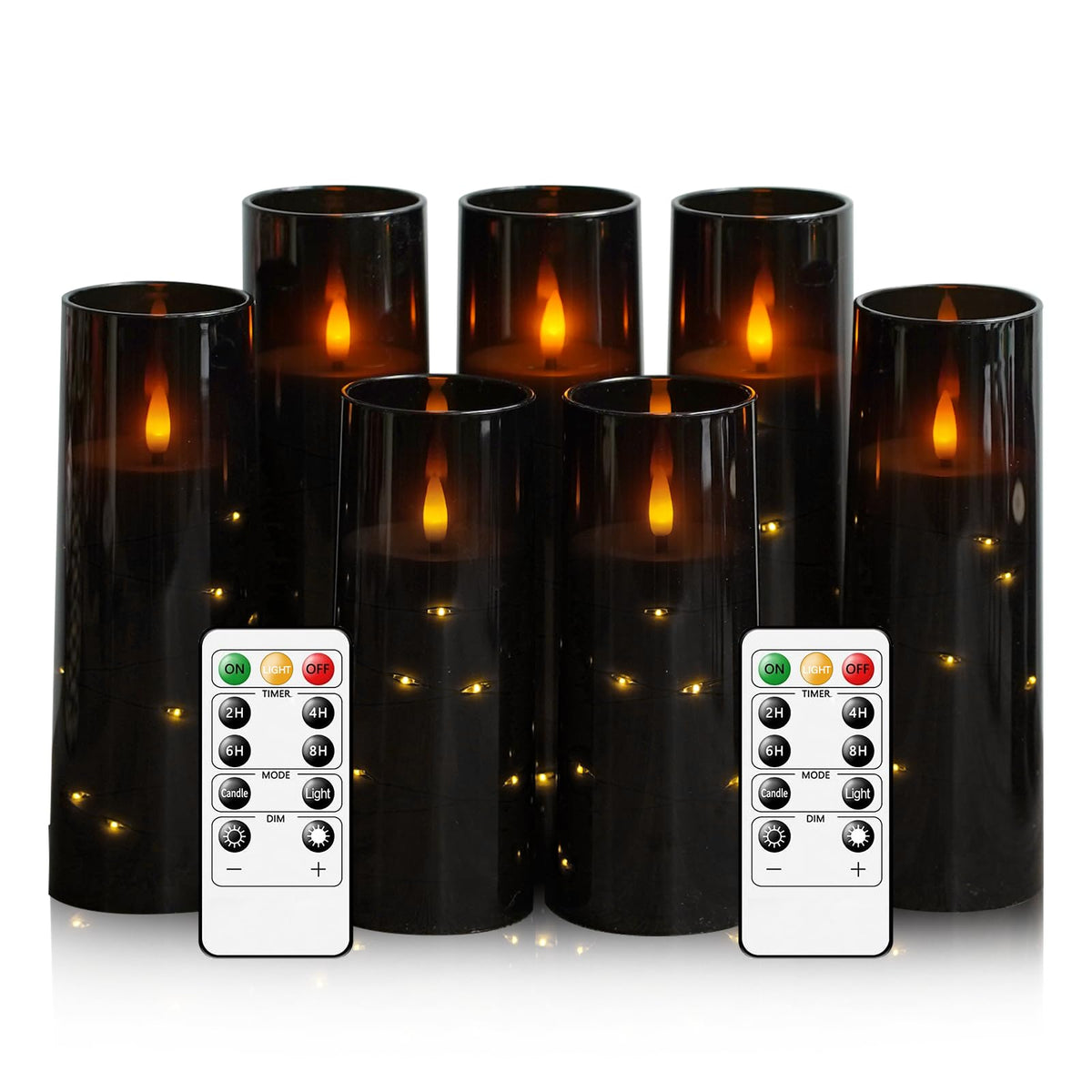 Eebuss Flameless Candles with Embedded Star String, Battery Operated LED Pillar Candles with Timer and Remote Control,Home Decorating for Ambiance， Set of 7(Black)